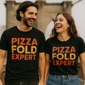 Person wearing the black new york city sweatshirt graphic tee - "Pizza Fold Expert" design