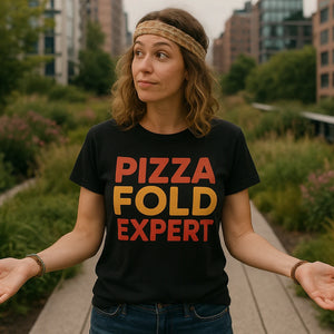 Lifestyle shot of the "Pizza Fold Expert" black new york city sweatshirt in a real-world setting