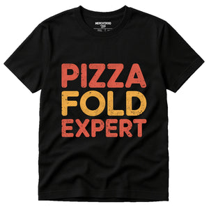 Black New York City Sweatshirt - "Pizza Fold Expert" graphic tee with red print, flat lay product photo