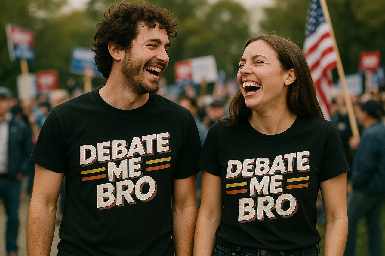 A man and a woman are laughing together, both wearing black t-shirts with "DEBATE ME BRO" printed on them. They are standing outdoors, possibly at a rally or event, with people holding signs and an American flag visible in the background.
