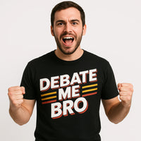 A person with short dark hair and facial hair is wearing a black t-shirt with the phrase 