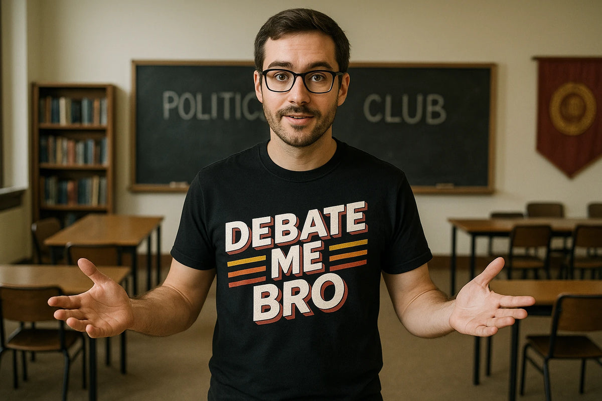 Lifestyle shot of the "Debate Me Bro" black politics t shirt in a real-world setting