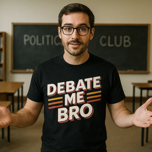 Lifestyle shot of the "Debate Me Bro" black politics t shirt in a real-world setting