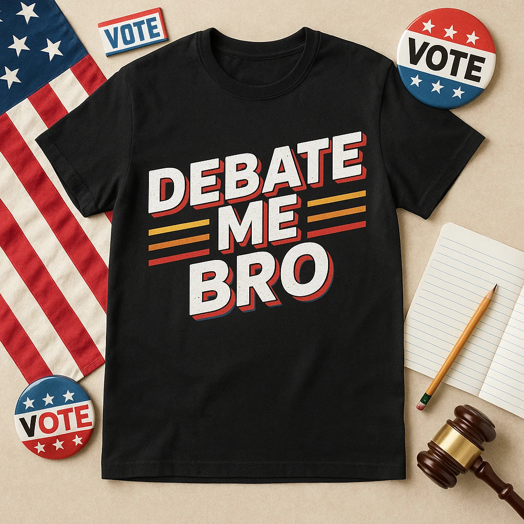 A flat lay featuring a black t-shirt with the text "DEBATE ME BRO" in bold letters. Surrounding the t-shirt are American flag-themed items, including a "VOTE" button, a small flag, a pencil, a notepad, and a gavel, all on a neutral background.