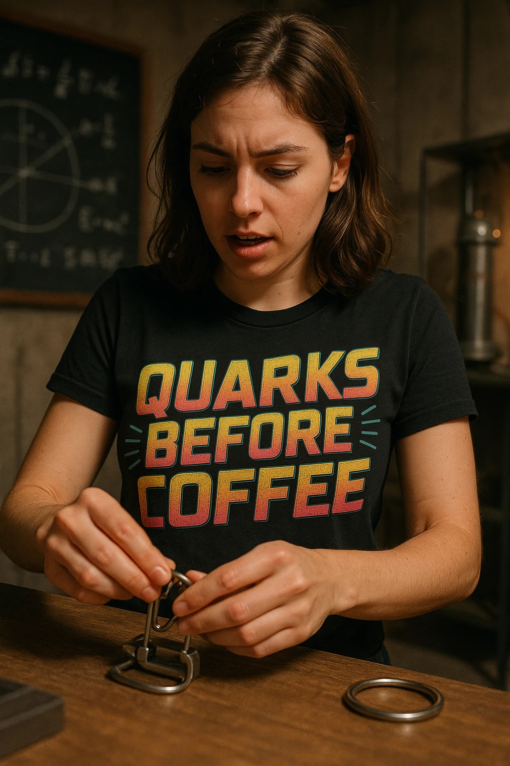 "Quarks Before Coffee" black physics t shirt, photographed as gift for physics lover