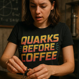"Quarks Before Coffee" black physics t shirt, photographed as gift for physics lover