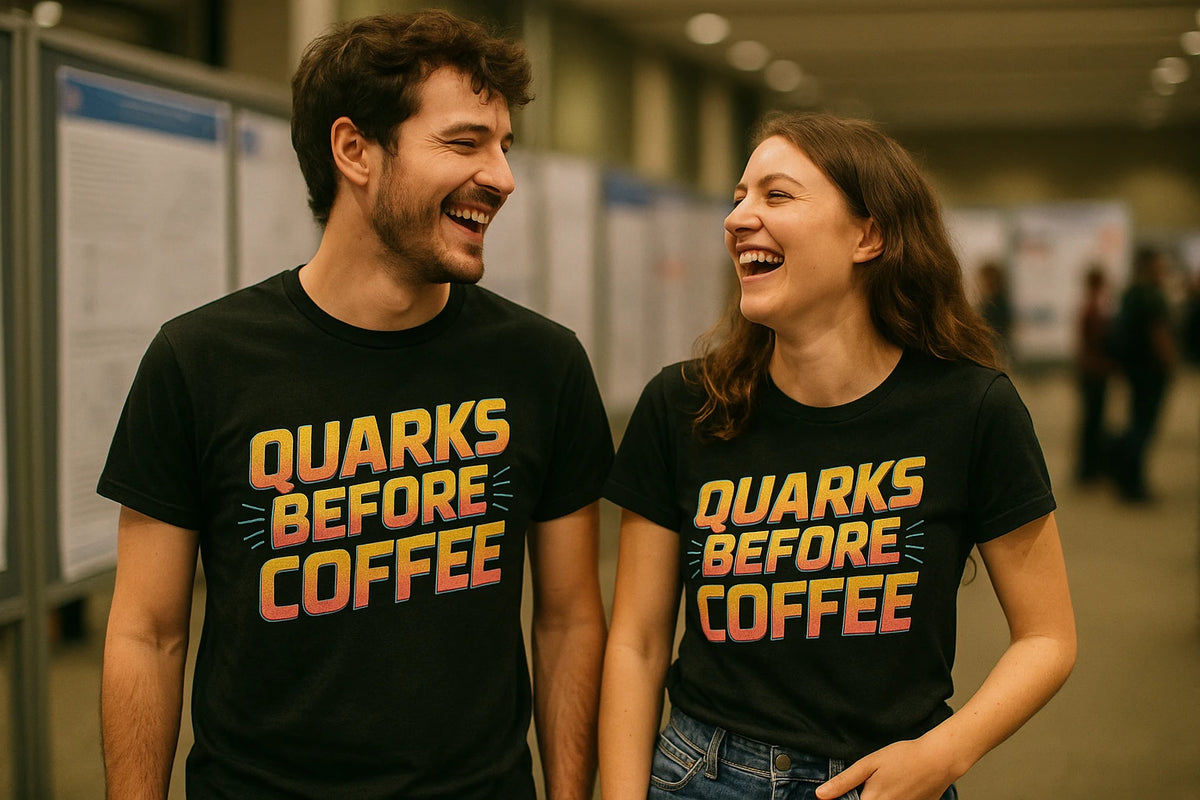 Person wearing the black physics t shirt graphic tee - "Quarks Before Coffee" design
