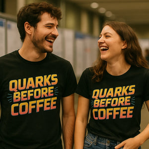 Person wearing the black physics t shirt graphic tee - "Quarks Before Coffee" design