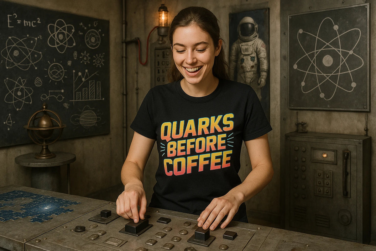 Lifestyle shot of the "Quarks Before Coffee" black physics t shirt in a real-world setting