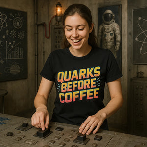 Lifestyle shot of the "Quarks Before Coffee" black physics t shirt in a real-world setting