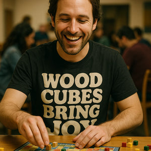 "Wood Cubes Bring Joy" black board game tee shirts - also one of the gifts for someone who loves board games