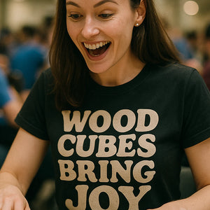 "Wood Cubes Bring Joy" black board game tee shirts - also one of the gifts for people who like board games