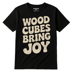Black Board Game Tee Shirts - "Wood Cubes Bring Joy" graphic tee with beige print, flat lay product photo