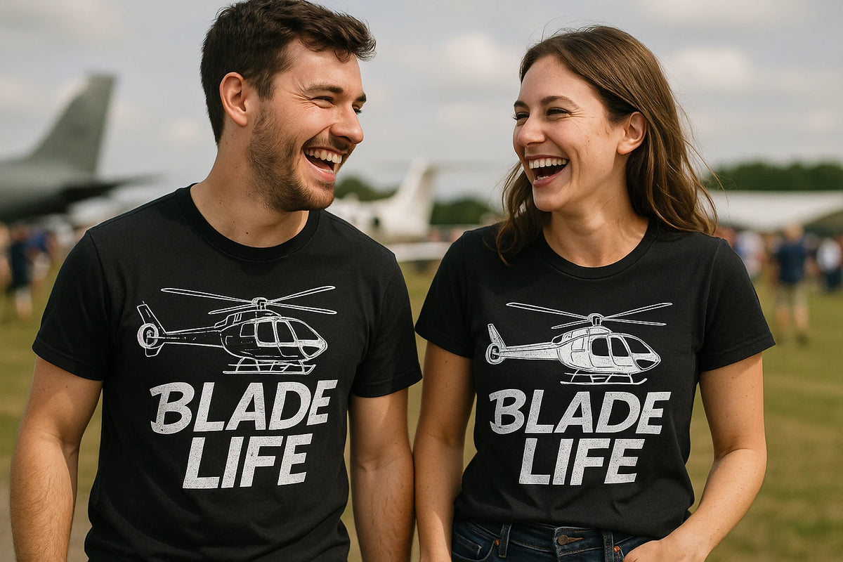 Person wearing the black helicopter t shirt graphic tee - "Blade Life" design
