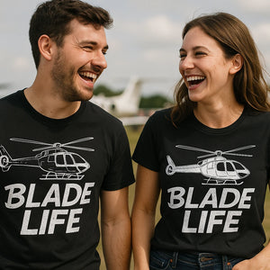 Person wearing the black helicopter t shirt graphic tee - "Blade Life" design