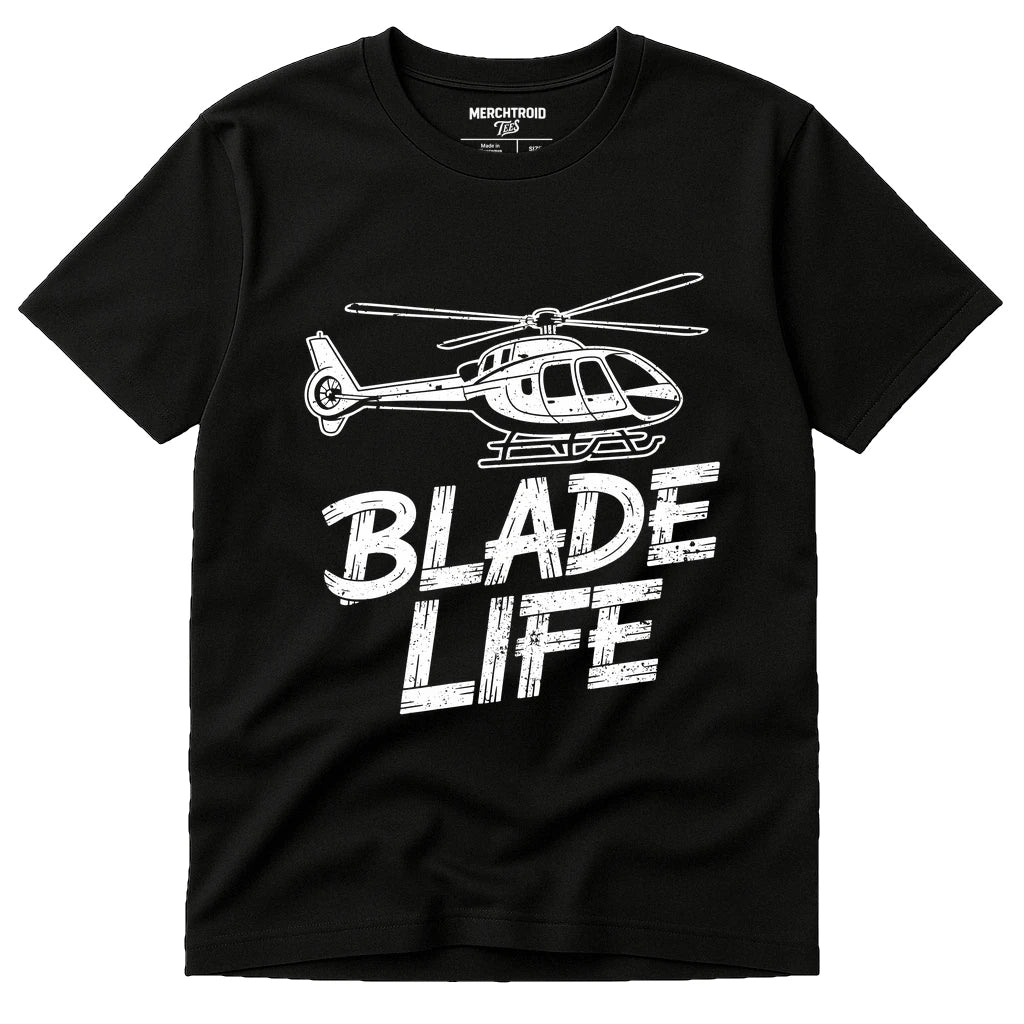 Black Helicopter T Shirt - "Blade Life" graphic tee with white print, flat lay product photo
