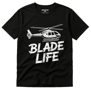 Black Helicopter T Shirt - "Blade Life" graphic tee with white print, flat lay product photo