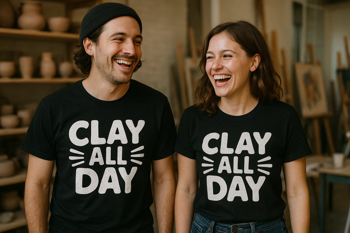 Person wearing the black men's body sculpting t shirt graphic tee - "Clay All Day" design
