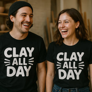 Person wearing the black men's body sculpting t shirt graphic tee - "Clay All Day" design