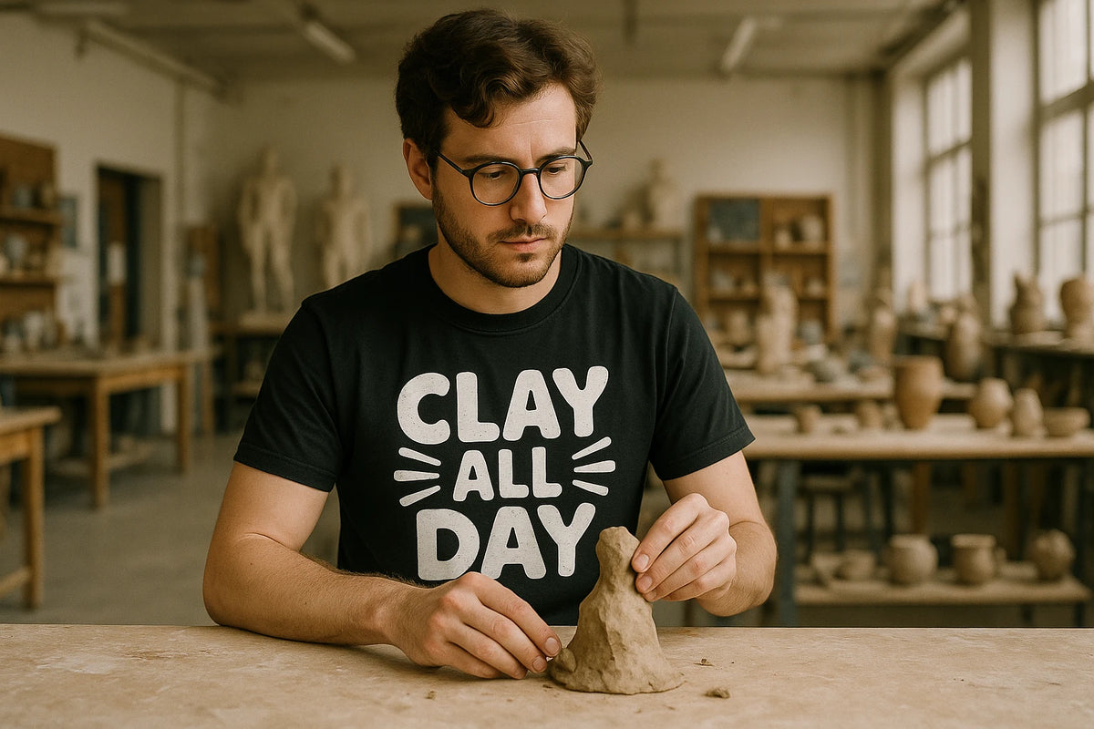 Lifestyle shot of the "Clay All Day" black men's body sculpting t shirt in a real-world setting