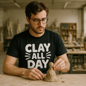 Lifestyle shot of the "Clay All Day" black men's body sculpting t shirt in a real-world setting