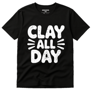 Black Men'S Body Sculpting T Shirt - "Clay All Day" graphic tee with white print, flat lay product photo