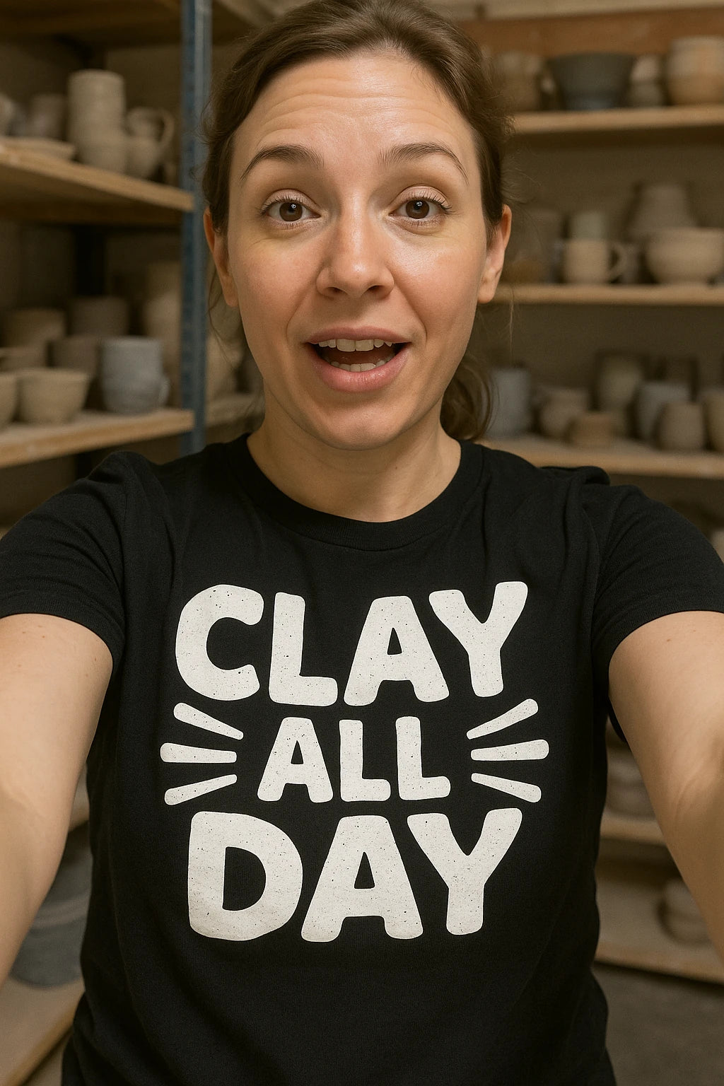 "Clay All Day" black men's body sculpting t shirt, photographed as sculpting lover gift