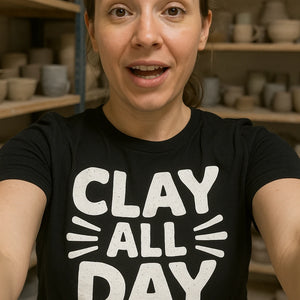 "Clay All Day" black men's body sculpting t shirt, photographed as sculpting lover gift
