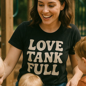 "Love Tank Full" black cheap mom life shirts, photographed as mom life lover gift