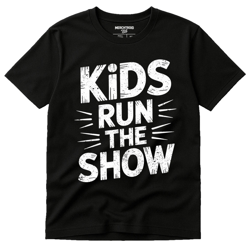 Black Family Life T Shirt - "Kids Run the Show" graphic tee with white print, flat lay product photo