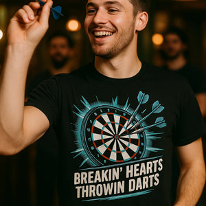 "Breakin' Hearts Throwin Darts" black darts shirts - also a darts for heroes shirt