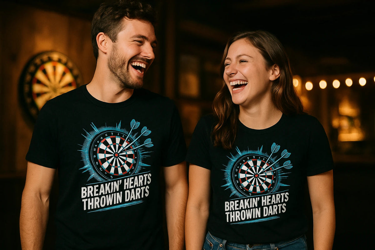 Person wearing the black darts shirts graphic tee - "Breakin' Hearts Throwin Darts" design