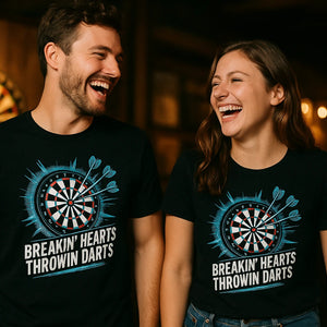 Person wearing the black darts shirts graphic tee - "Breakin' Hearts Throwin Darts" design