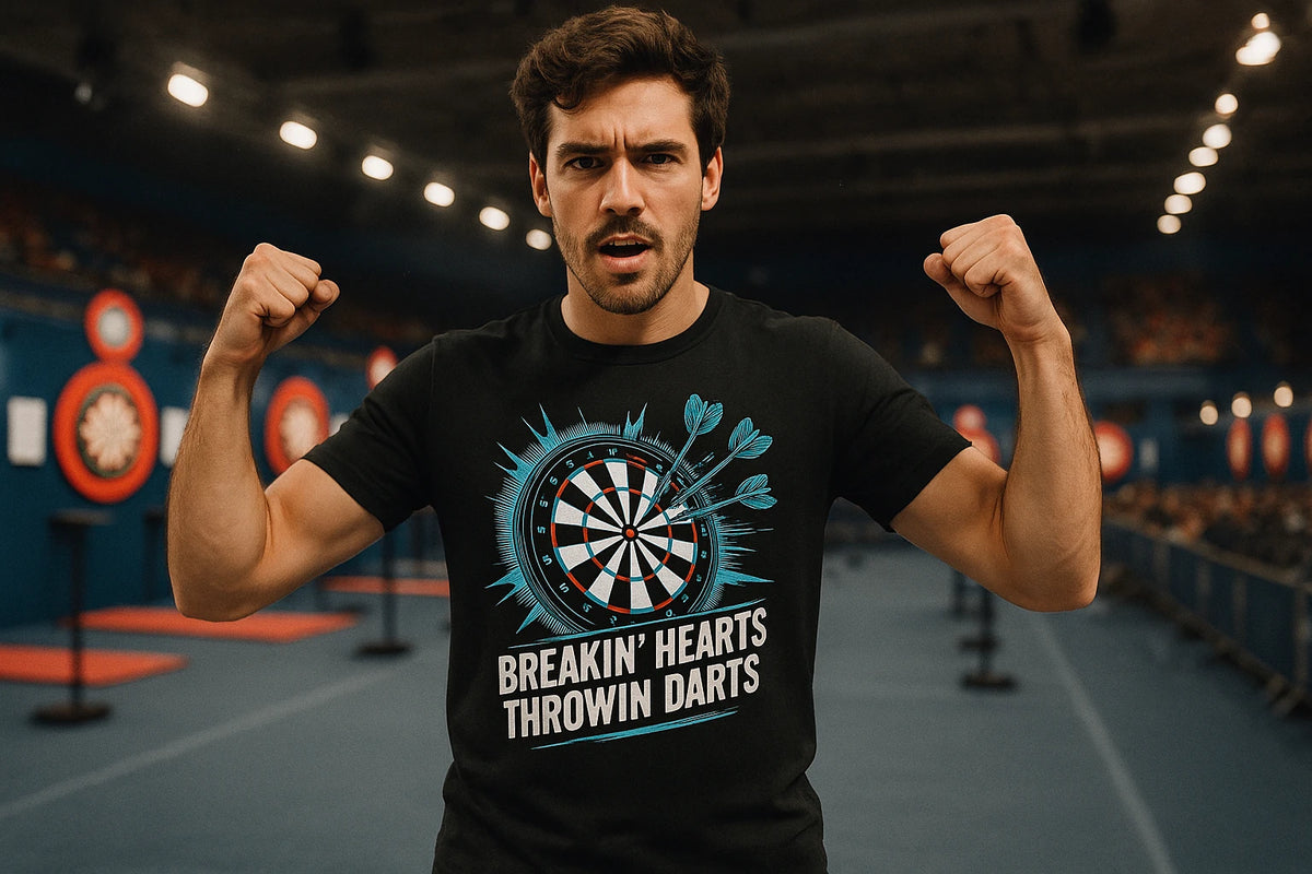Lifestyle shot of the "Breakin' Hearts Throwin Darts" black darts shirts in a real-world setting