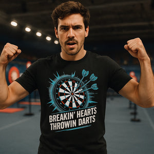 Lifestyle shot of the "Breakin' Hearts Throwin Darts" black darts shirts in a real-world setting