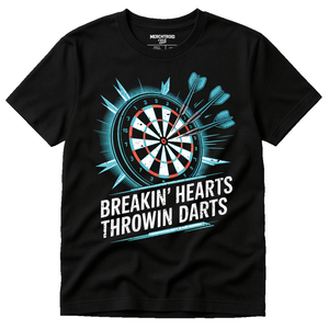 Black Darts Shirts - "Breakin' Hearts Throwin Darts" graphic tee with teal print, flat lay product photo