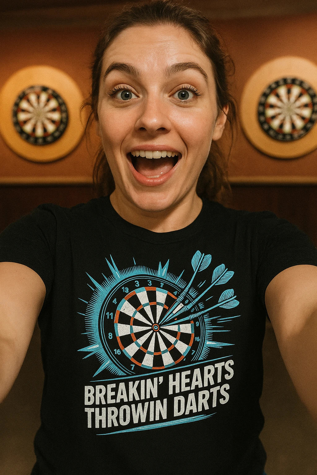 "Breakin' Hearts Throwin Darts" black darts shirts, photographed as gifts for darts lovers