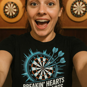 "Breakin' Hearts Throwin Darts" black darts shirts, photographed as gifts for darts lovers