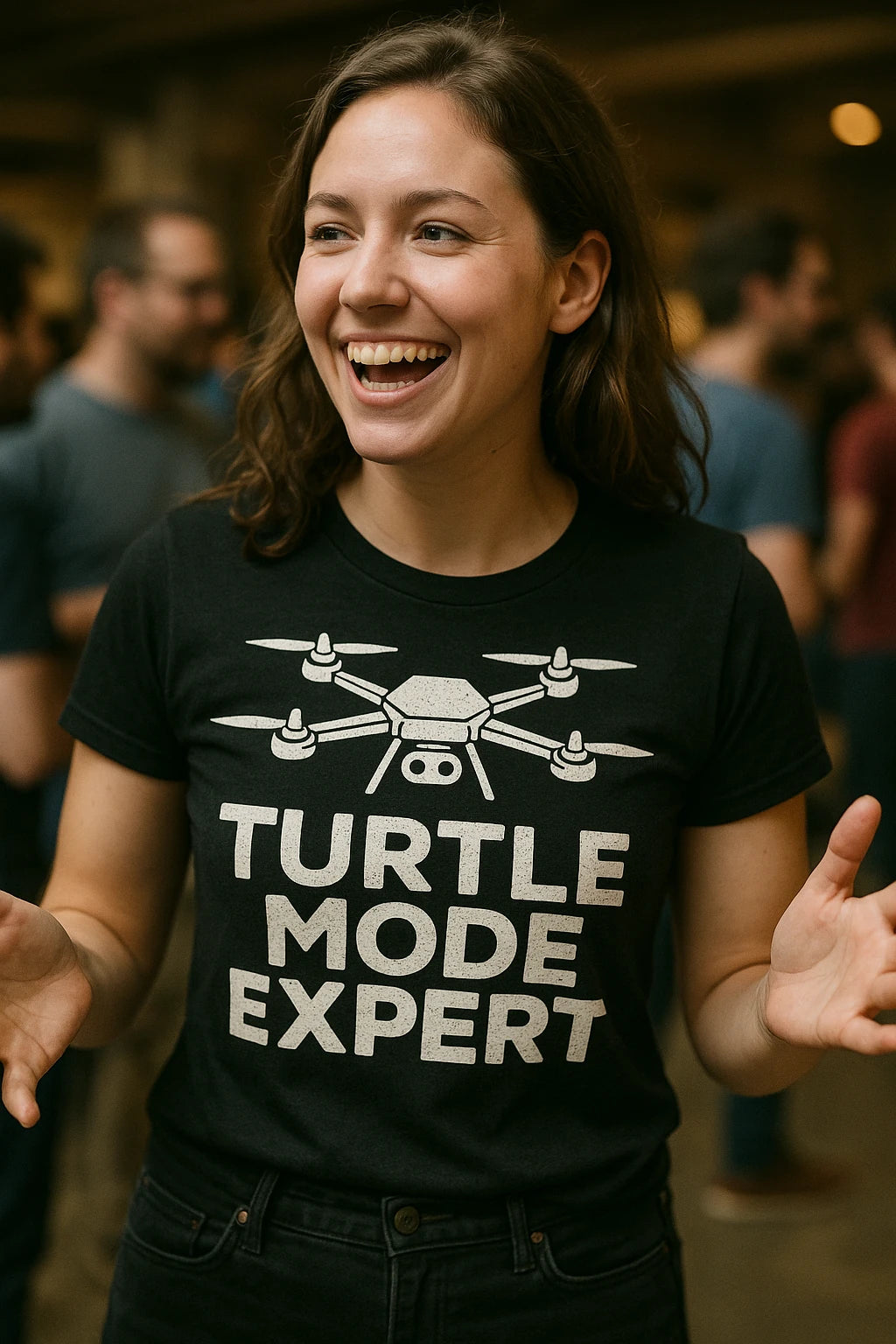 "Turtle Mode Expert" black drone t shirt, photographed as gift for drone lover