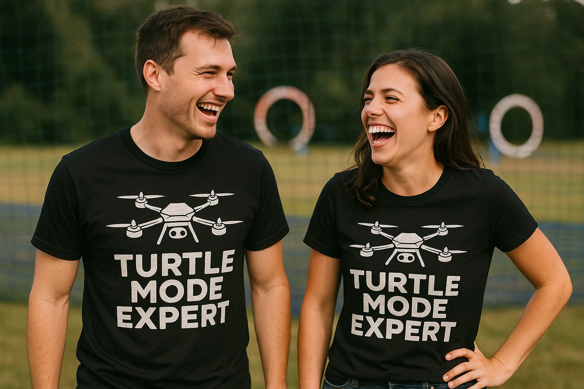 Person wearing the black drone t shirt graphic tee - "Turtle Mode Expert" design