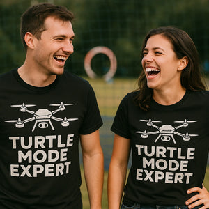 Person wearing the black drone t shirt graphic tee - "Turtle Mode Expert" design
