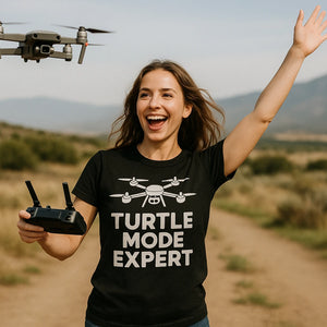Lifestyle shot of the "Turtle Mode Expert" black drone t shirt in a real-world setting