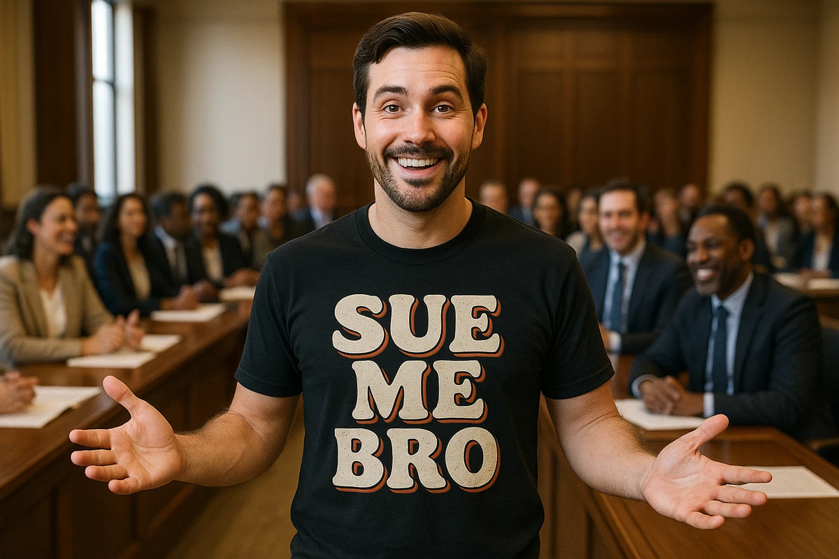 Lifestyle shot of the "Sue Me Bro" black funny lawyer t shirts in a real-world setting