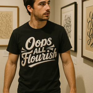 "Oops All Flourish" black chinese calligraphy t shirt, photographed as gifts for calligraphy lovers
