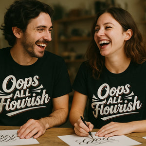 Person wearing the black chinese calligraphy t shirt graphic tee - "Oops All Flourish" design
