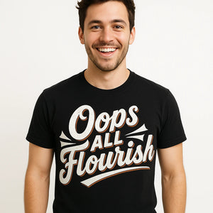 Close-up of the "Oops All Flourish" white print on a premium Bella+Canvas black chinese calligraphy t shirt