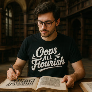 Lifestyle shot of the "Oops All Flourish" black chinese calligraphy t shirt in a real-world setting