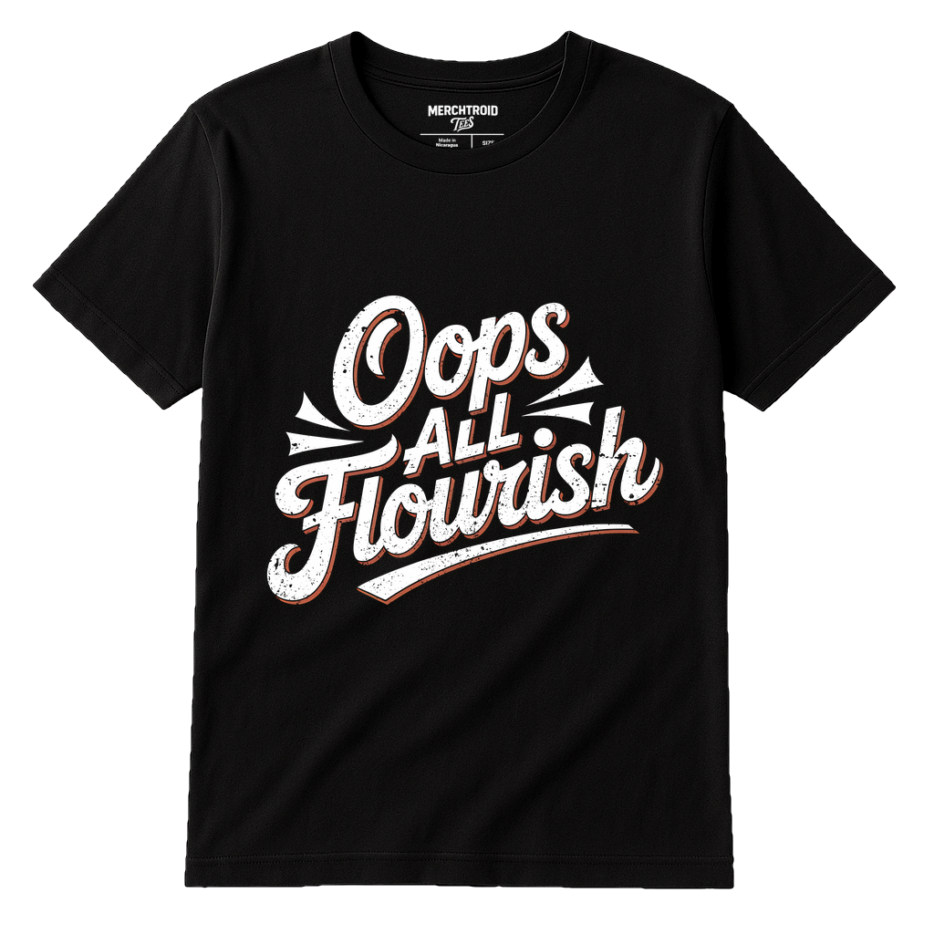 Black Chinese Calligraphy T Shirt - "Oops All Flourish" graphic tee with white print, flat lay product photo