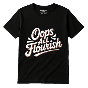 Black Chinese Calligraphy T Shirt - "Oops All Flourish" graphic tee with white print, flat lay product photo