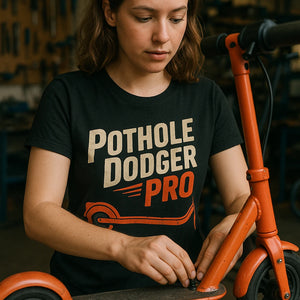 "Pothole Dodger Pro" black electric scooter t shirt - a birthday gift for electric scooter lover